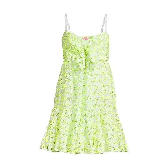 $185 Lilly Pulitzer Briana Bright Neon Eyelet Bow Tiered Mini Dress Size 12